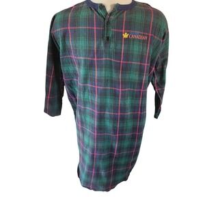 Vintage Molson Canadian Beer Plaid Flannel Henley Nightshirt Green Large
